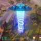 A large UFO uses a blue tractor beam to carry a small, retro van above a park.